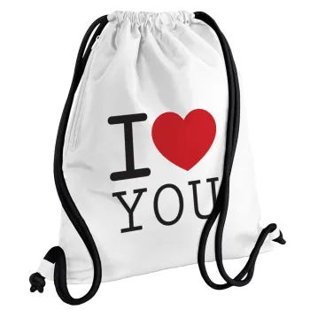 I Love you classic, Backpack pouch GYMBAG white, with pocket (40x48cm) & thick cords