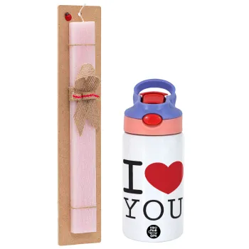 I Love you classic, Easter Set, Children's thermal stainless steel water bottle with safety straw, pink/purple (350ml) & Easter scented flat candle (30cm) (PINK)