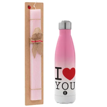 I Love you classic, Easter Set, Metallic pink/white (Stainless steel) thermos, double-walled, 500ml & aromatic flat Easter candle (30cm) (PINK)