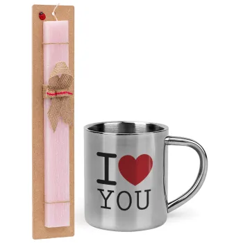 I Love you classic, Easter Set, metallic thermal cup (300ml) & aromatic flat Easter candle (30cm) (PINK)