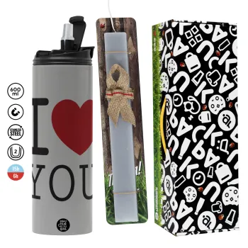 I Love you classic, Πασχαλινή Λαμπάδα με Travel Tumbler θερμό (600ml, BPA free) & κερί αρωματικό πλακέ (30cm) (ΓΚΡΙ)