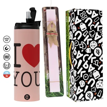 I Love you classic, Πασχαλινή Λαμπάδα με  ΡΟΖ Travel Tumbler θερμό (600ml, BPA free) & κερί αρωματικό πλακέ (30cm) (ΡΟΖ)