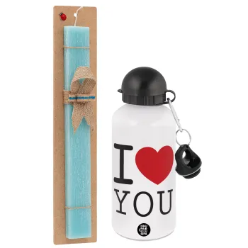 I Love you classic, Easter Set, metallic aluminum water bottle (500ml) & scented flat candle (30cm) (TURQUOISE)