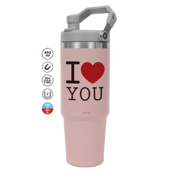 I Love you classic, Pink color, 890ml (30oz) stainless Steel Tumbler with Handle