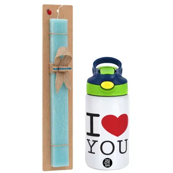 I Love you classic, Easter Set, Children's thermal stainless steel bottle with safety straw, green/blue (350ml) & aromatic flat Easter candle (30cm) (TURQUOISE)