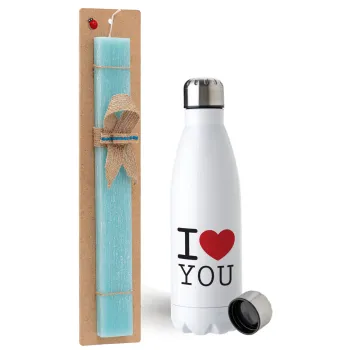 I Love you classic, Easter Set, metallic stainless steel water bottle (750ml) & aromatic flat Easter candle (30cm) (TURQUOISE)