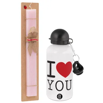 I Love you classic, Πασχαλινή Λαμπάδα με παγούρι μεταλλικό αλουμινίου (500ml) & κερί αρωματικό πλακέ (30cm) (ΡΟΖ)