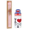 Easter Set, Children's thermal stainless steel water bottle with safety straw, pink/purple (350ml) & Easter scented flat candle (30cm) (PINK)