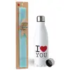 Easter Set, metallic stainless steel water bottle (750ml) & aromatic flat Easter candle (30cm) (TURQUOISE)