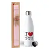 Easter Set, metallic stainless steel water bottle (750ml) & scented flat Easter candle (30cm) (PINK)