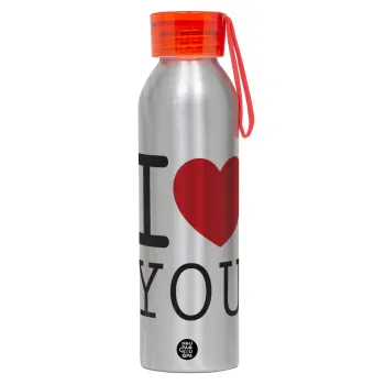 I Love you classic, Αλουμινένιο Αθλητικό Μπουκάλι 650ml – Ασημί με Κόκκινο Καπάκι και Λουράκι Σιλικόνης