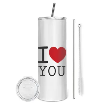 I Love you classic, Tumbler ποτήρι θερμό από ανοξείδωτο ατσάλι 600ml, με μεταλλικό καλαμάκι & βούρτσα καθαρισμού