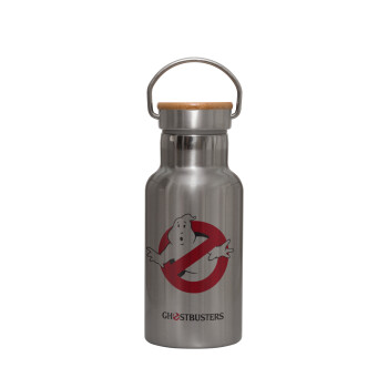 Ghostbusters, Μεταλλικό παγούρι θερμός (Stainless steel) Ασημένιο με ξύλινο καπακι (bamboo), διπλού τοιχώματος, 350ml