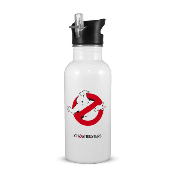 Ghostbusters, White water bottle with straw, stainless steel 600ml