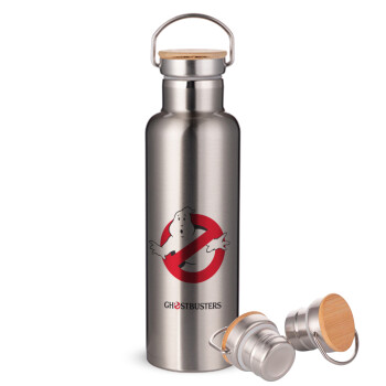 Ghostbusters, Μεταλλικό παγούρι θερμός (Stainless steel) Ασημένιο με ξύλινο καπακι (bamboo), διπλού τοιχώματος, 750ml