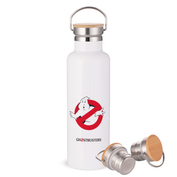 Ghostbusters, Μεταλλικό παγούρι θερμός (Stainless steel) Λευκό με ξύλινο καπάκι (bamboo), διπλού τοιχώματος, 750ml