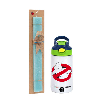 Ghostbusters, Easter Set, Children's thermal stainless steel bottle with safety straw, green/blue (350ml) & aromatic flat Easter candle (30cm) (TURQUOISE)