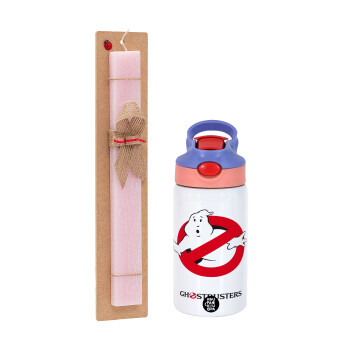 Ghostbusters, Easter Set, Children's thermal stainless steel water bottle with safety straw, pink/purple (350ml) & Easter scented flat candle (30cm) (PINK)