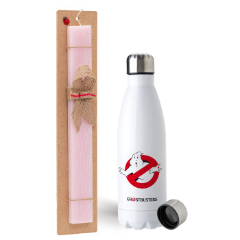 Ghostbusters, Easter Set, metallic stainless steel water bottle (750ml) & scented flat Easter candle (30cm) (PINK)
