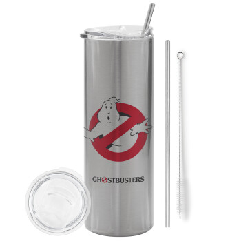 Ghostbusters, Eco friendly ποτήρι θερμό Ασημένιο (tumbler) από ανοξείδωτο ατσάλι 600ml, με μεταλλικό καλαμάκι & βούρτσα καθαρισμού