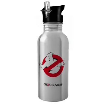 Ghostbusters, Water bottle Silver with straw, stainless steel 600ml