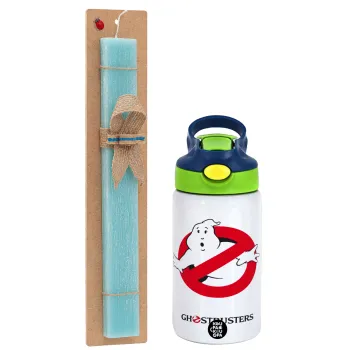 Ghostbusters, Easter Set, Children's thermal stainless steel bottle with safety straw, green/blue (350ml) & aromatic flat Easter candle (30cm) (TURQUOISE)