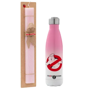 Ghostbusters, Easter Set, Metallic pink/white (Stainless steel) thermos, double-walled, 500ml & aromatic flat Easter candle (30cm) (PINK)