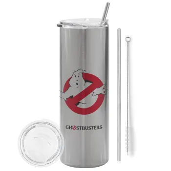 Ghostbusters, Tumbler ποτήρι θερμό Ασημένιο από ανοξείδωτο ατσάλι 600ml, με μεταλλικό καλαμάκι & βούρτσα καθαρισμού
