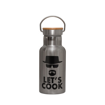 Let's cook, Μεταλλικό παγούρι θερμός (Stainless steel) Ασημένιο με ξύλινο καπακι (bamboo), διπλού τοιχώματος, 350ml