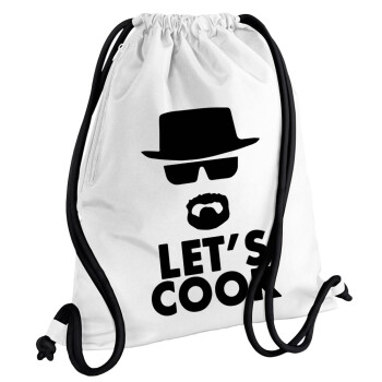 Let's cook, Τσάντα πλάτης πουγκί GYMBAG λευκή, με τσέπη (40x48cm) & χονδρά κορδόνια