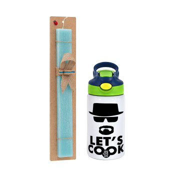Let's cook, Easter Set, Children's thermal stainless steel bottle with safety straw, green/blue (350ml) & aromatic flat Easter candle (30cm) (TURQUOISE)
