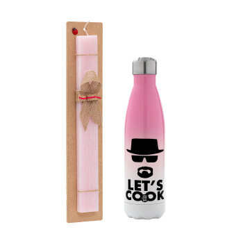 Let's cook, Πασχαλινή Λαμπάδα με Μεταλλικό παγούρι θερμός Ροζ/Λευκό (Stainless steel), διπλού τοιχώματος, 500ml & κερί αρωματικό πλακέ (30cm) (ΡΟΖ)