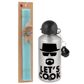Let's cook, Easter Set, metallic silver aluminum water bottle (500ml) & scented flat Easter candle (30cm) (TURQUOISE)