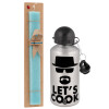Easter Set, metallic silver aluminum water bottle (500ml) & scented flat Easter candle (30cm) (TURQUOISE)