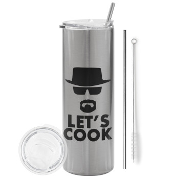 Let's cook, Tumbler ποτήρι θερμό Ασημένιο από ανοξείδωτο ατσάλι 600ml, με μεταλλικό καλαμάκι & βούρτσα καθαρισμού