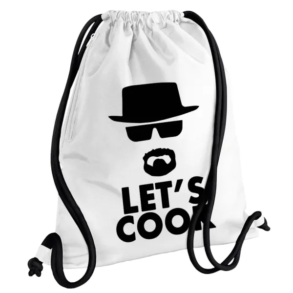 Let's cook — Τσάντα πλάτης πουγκί GYMBAG λευκή, με τσέπη (40x48cm) & χονδρά κορδόνια