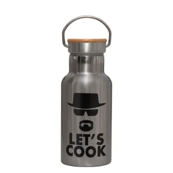 Let's cook, Μεταλλικό παγούρι θερμός (Stainless steel) Ασημένιο με ξύλινο καπακι (bamboo), διπλού τοιχώματος, 350ml