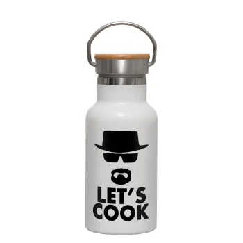 Let's cook, Μεταλλικό παγούρι θερμός (Stainless steel) Λευκό με ξύλινο καπακι (bamboo), διπλού τοιχώματος, 350ml
