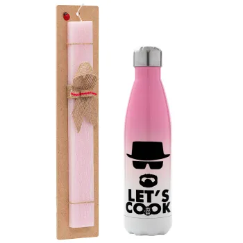 Let's cook, Πασχαλινή Λαμπάδα με Μεταλλικό παγούρι θερμός Ροζ/Λευκό (Stainless steel), διπλού τοιχώματος, 500ml & κερί αρωματικό πλακέ (30cm) (ΡΟΖ)