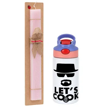 Let's cook, Easter Set, Children's thermal stainless steel water bottle with safety straw, pink/purple (350ml) & Easter scented flat candle (30cm) (PINK)