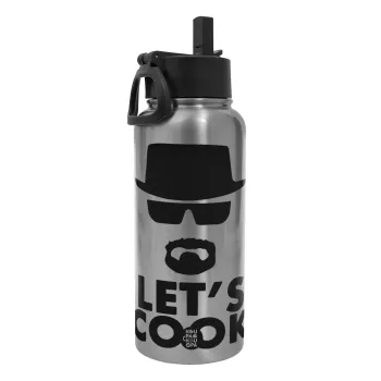 Let's cook, Μεταλλικό παγούρι θερμός Silver με καλαμάκι και χερούλι (Stainless steel), διπλού τοιχώματος, 950ml