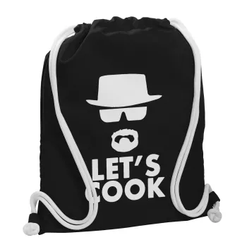 Let's cook, Τσάντα πλάτης πουγκί GYMBAG Μαύρη, με τσέπη (40x48cm) & χονδρά λευκά κορδόνια