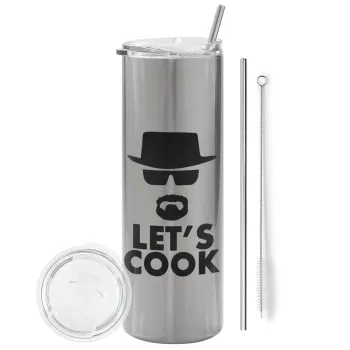 Let's cook, Tumbler ποτήρι θερμό Ασημένιο από ανοξείδωτο ατσάλι 600ml, με μεταλλικό καλαμάκι & βούρτσα καθαρισμού
