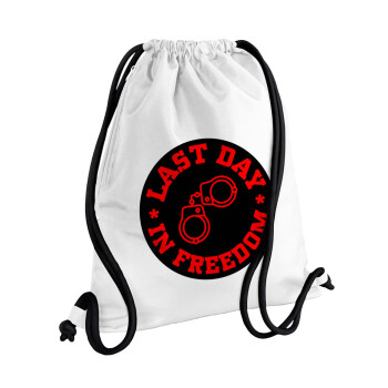 Last day in freedom, Backpack pouch GYMBAG white, with pocket (40x48cm) & thick cords