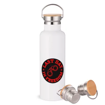 Last day in freedom, Stainless steel White with wooden lid (bamboo), double wall, 750ml