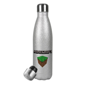 Minecraft dirt, Metallic Glitter Silver Thermos Flask (Stainless steel), double-walled, 500ml