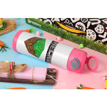 Minecraft dirt, Easter candle, Childrens hot water bottle, stainless steel, with safety straw, PINK (500ml)