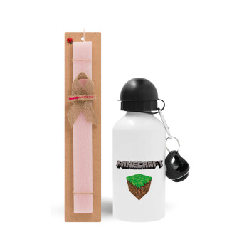 Minecraft dirt, Easter Set, metallic aluminum bottle (500ml) & aromatic flat Easter candle (30cm) (PINK)