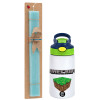 Easter Set, Children's thermal stainless steel bottle with safety straw, green/blue (350ml) & aromatic flat Easter candle (30cm) (TURQUOISE)