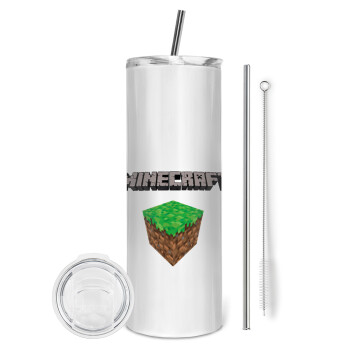 Minecraft dirt, Eco friendly ποτήρι θερμό (tumbler) από ανοξείδωτο ατσάλι 600ml, με μεταλλικό καλαμάκι & βούρτσα καθαρισμού